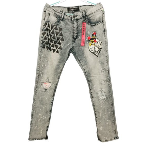 Reason Hip Hop Jeans Mens Sz. 36 Acid Wash Zip Ankle Graphic Patches Urban Retro - Picture 1 of 9
